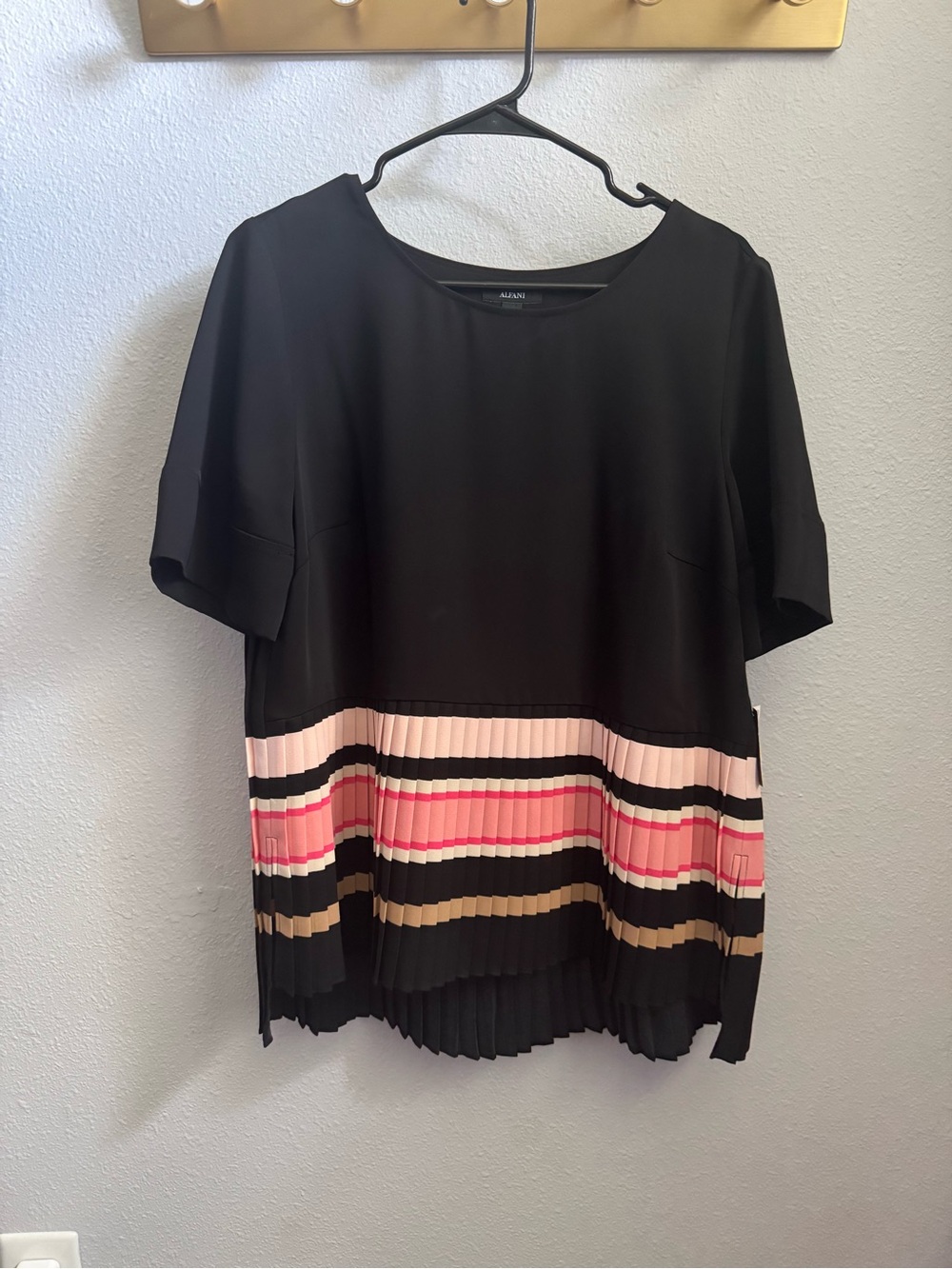 Alfani Black Short Sleeve Top with Pink Striped Pleated Hem
